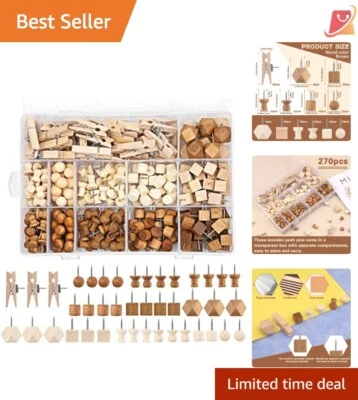 270 Pcs Wooden Push Pins, Decorative Tacks for Crafts, Easy to Use, Storage Box - Image 1 of 4