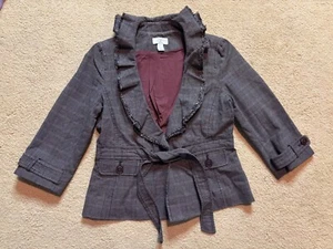 Vintage Y2K 2000s Ann Taylor Loft Ruffled Plaid Belted Tie Blazer Jacket 4P - Picture 1 of 5