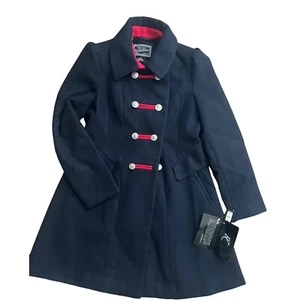 NWT Rothschild Girl's Faux Wool Petal Front Military Style Blue Red Pea Coat 7/8 - Picture 1 of 3