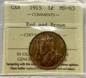 Canada 1915 1 Large Cent Coin - ICCS MS-63 Red & Brown