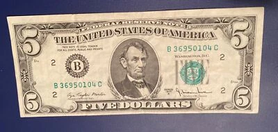 1977 A  $5 Five Dollar  Federal Reserve Note Off-Center New York - Image 1 of 4
