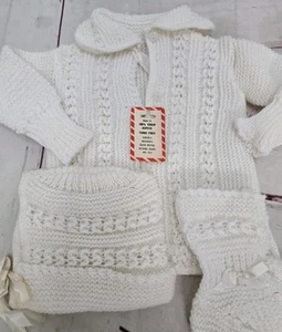 Hermoso conjunto de regalo para bebé vintage 3 piezas suéter infantil capó botines marfil - Imagen 1 de 4