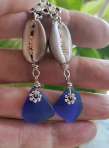 Genuine Sea Glass Earrings Aloha Hawaii Beach Casual Elegant Cobalt Blue Shells - Picture 1 of 7