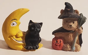 RETRO MINIATURE RESIN HALLOWEEN BLACK CAT MOON & TEDDY BEAR WITCH MINI FIGURES - Picture 1 of 6