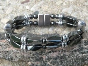 Herren Damen 100% Magnet Hämatit Armband SCHWARZ n SILBER 2-reihig " - Bild 1 von 4