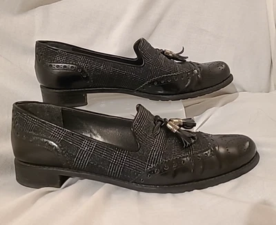 Stuart Weitzman Russell & Bromley Black Patent Leather & Plaid Loafers Size 6.5 - Image 1 of 4