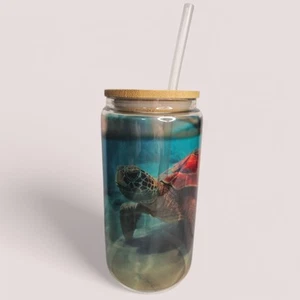 16oz Libbey Glass Cup Sea Turtle Design With Straw And Cleaning Brush - Picture 1 of 4