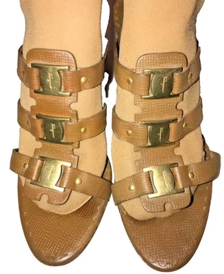 Mules Salvatore Ferragamo 3 correas logotipo Vera cuero marrón punta abierta talla 40 Foto 1 de 4