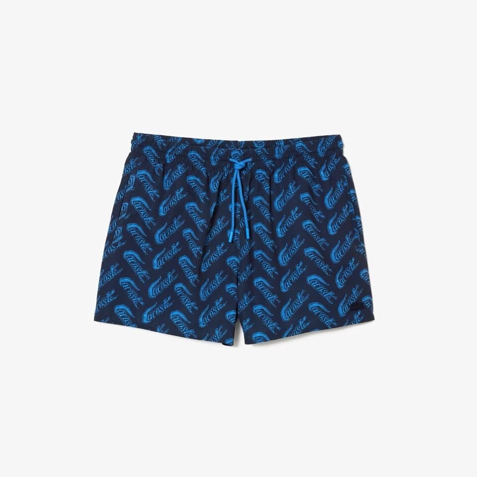 Bermuda de natação masculina LACOSTE estampa de logotipo 5" azul S NOVO $90 MH5635 - Imagem 1 de 4