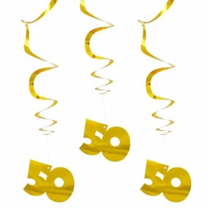 3 X GOLD 50TH METALLIC WHIRLS WEDDING ANNIVERSARY / BIRTHDAY PARTY DECORATION - Picture 1 of 1