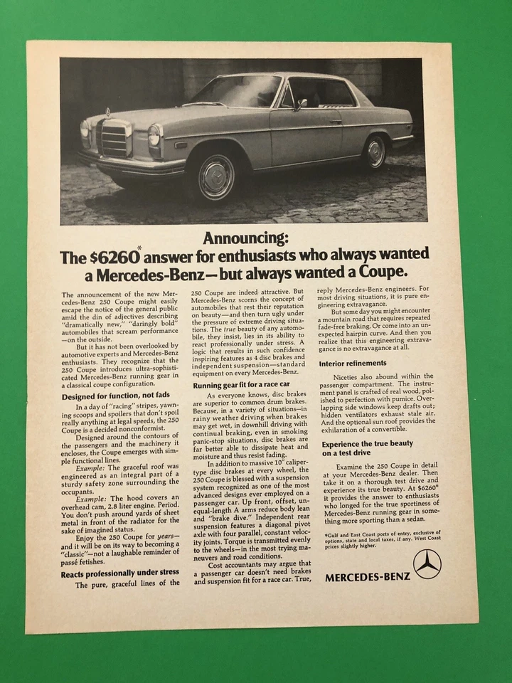 1970 MERCEDES BENZ  250 COUPE ORIGINAL VINTAGE PRINT AD ADVERTISEMENT - Image 1 of 1