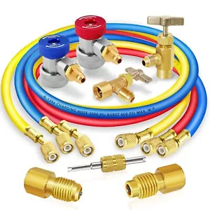 AC Manifold Gauge Hose Set R134A Quick Couplers Can Tap Refrigerator Adapter Kit - Picture 1 of 8