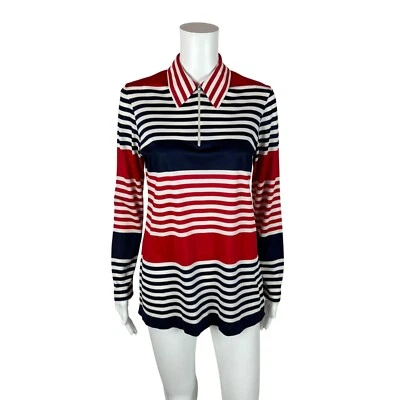Vintage 70s Striped Top Women's M Red Blue Long Sleeve Zip Up Polo Shirt - Image 1 of 4