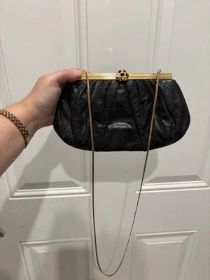 JUDITH LEIBER VNTG BLACK KARUNG LIZARD CLUTCH SHOULDER BAG W CABOCHON GEM CLASP - Imagem 1 de 4