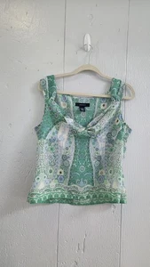 Y2K Green Floral Top Size 16 Jones Wear Mixed Pattern V Neck Chiffon - Picture 1 of 11