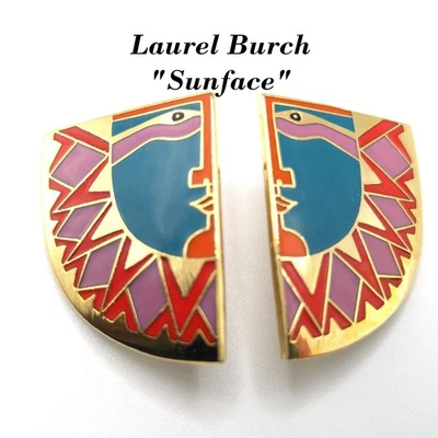 Laurel Burch "Sunface" Clip Earrings, Gold Plated Cloisonne Enamel 1980s Vintage - Image 1 of 4