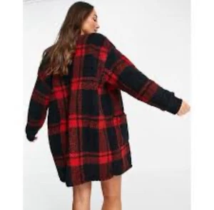 DKNY Sherpa Fleece Red Black Plaid Buffalo Check Open Cardigan Large NWT Fall - Picture 1 of 5