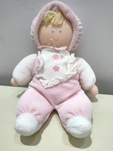 Vintage Eden rosa Velours Blume blond Garn Haare Plüsch Baby Puppe blaue Augen 10 Zoll - Bild 1 von 9