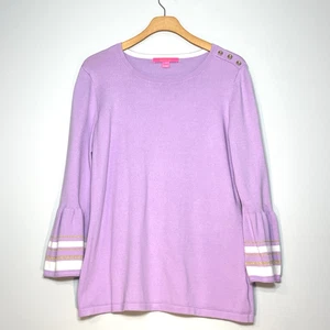 LILLY PULITZER Callee Sweater Lilac Gold Buttons Shoulder Bell Sleeve Size Large - Picture 1 of 9