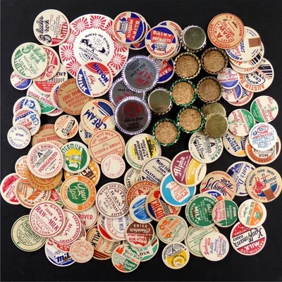 100 CAPS: Lote de tapa de botella vintage antigua leche entrega refresco cerveza bebida mezcla Foto 1 de 4