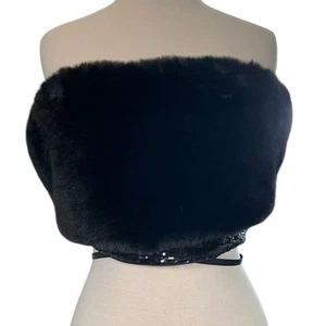 AVEC LES FILLES Crop Top NWT Black on Black Zip Sequin Bottom Faux Fur Top Large - Picture 1 of 13