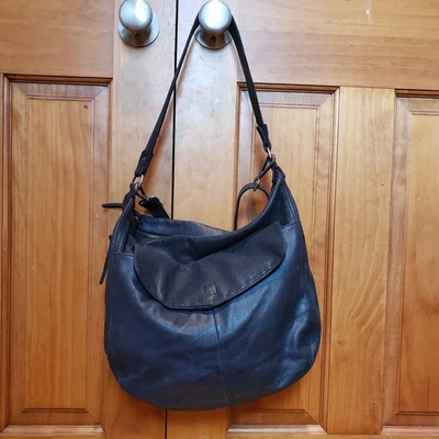 Biba Black Genuine Leather Hobo Shoulder Crossbody Bag Adjustable Boho Indie - Image 1 of 4