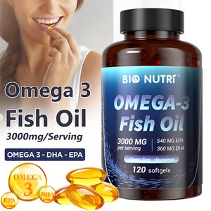 OMEGA 3 Fish Oil Capsules 3x Strength 3000mg with EPA & DHA, Highest Potency 120 - Picture 1 of 9