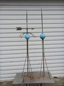 2-Vintage Lightning Rods/Weather Van + Stand w/ Blue Glass Globes