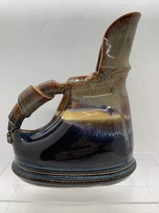 Contemporary Steampunk Art pottery pitcher With Wrapped Handle Blue Brown Yellow - Picture 1 of 8