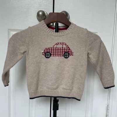JANIE AND JACK 2T Boys Car Beige Sweater with Navy Trim Detail 100% Cotton - Image 1 of 4