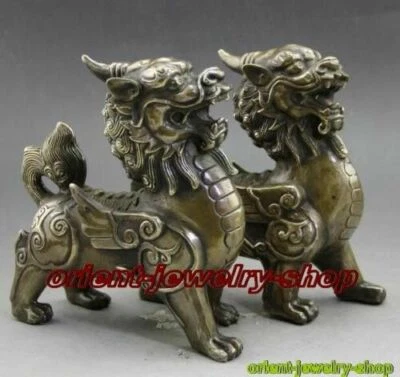 collecton! antique Brass Door Fu Foo Dog Lion beast kylin Unicorn pixiu a Pair - Image 1 of 2