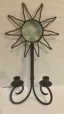 Vintage Metal & Glass Sun Wall Sconce Double Taper Candle Holder Glass Face 