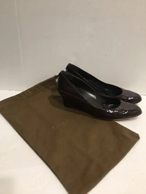 GUCCI Wedge Pumps Brown Patent Leather Interlocking GG Logo US 9  Medium - Image 1 of 4