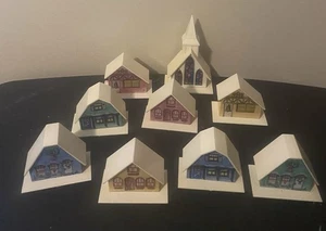 Vtg 60's Alpine Christmas Village Tudor Houses & Church Light Covers 9 Pieces - Picture 1 of 7