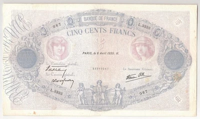 FRANCE  500  Francs  1939  P:88c  VF  Banque de France - Image 1 of 2