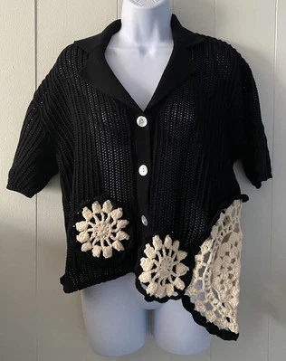 ZARA CROCHET PUNTO ABIERTO POLO TOP NEGRO CREMA S/S CÁRDIGAN TALLA GRANDE USADO EN EXCELENTE ESTADO Foto 1 de 4