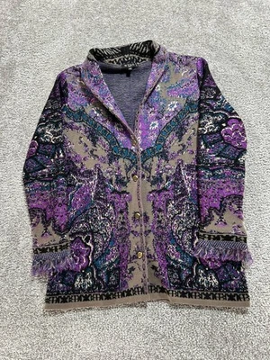 Cardigã suéter feminino Etro Milano 46 multicolorido paisley malha apertada acabamento franja - Imagem 1 de 4