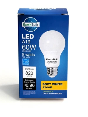 EarthBulb LED A19 60W 8W Energy Star 820 Lumens Soft White 2700k Dimmable - Image 1 of 3