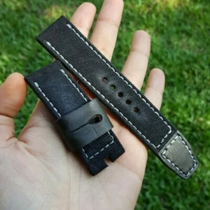 Hecho a mano vintage negro lona y cuero correa de reloj hebilla de acero libre - Imagen 1 de 6