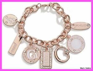 GUESS Jeans Jewelry Rhinestones Bangle Bracelet  Rose Gold Tone Charms Bling 