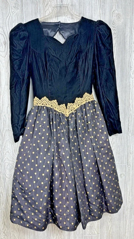 Vestido De Colección Scott McClintock Negro Terciopelo Dorado Lunares Talla 4 Diamante Espalda Abierta Foto 1 de 4