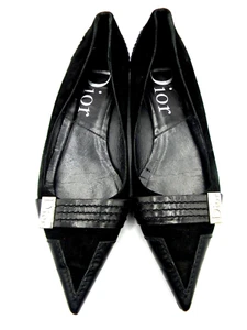 Christian Dior Black Nubuck & Leather Pointy Toe Flats Silver Logo Size 35.5 - Picture 1 of 12