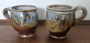 2 Studio Art Pottery Mugs Handcrafted Coffee Tea Signed mountain design 12 oz - Picture 1 of 14