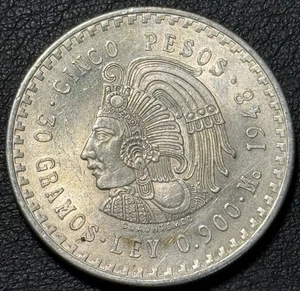 1948 30 G .900 Silver 5 Pesos Cuauhtemoc Aztec Warrior Estados Unidos Mexicanos! - Picture 1 of 2