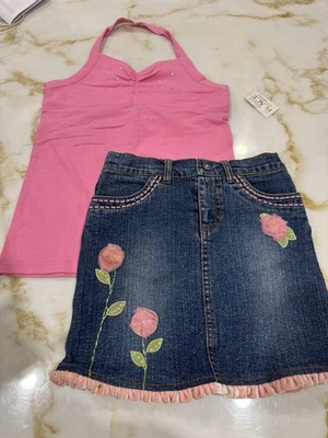 Conjunto de top halter y falda floral de mezclilla rosa para niños - talla L (10/12) / Foto 1 de 4