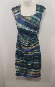 Jacqui E Blue Graphic Pencil Workwear Dress Sz 8 - Picture 1 of 6