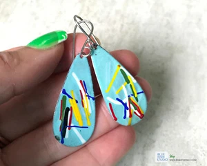 Blue Enamel Long Oval Enameled Earrings Copper Enamel Artisan Handmade Teardrop - Picture 1 of 5