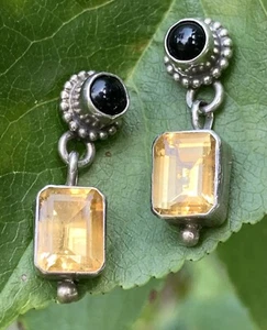 Emerald Cut Citrine Onyx Dangle Drop Earrings Marked Sterling Silver 4.6 Grams - Picture 1 of 7