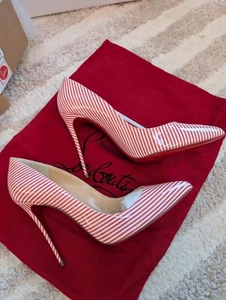 100% AUTÉNTICO NUEVO MUJER LOUBOUTIN PIGALLE FOLLIES ROSA RAYAS 100 ZAPATOS DE SALÓN/TACONES EE. UU. 9,5 - Imagen 1 de 10