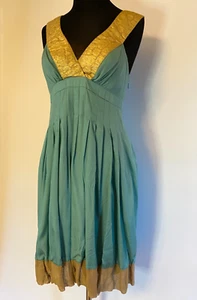 NICOLE MILLER Aqua Blue SILK DRESS Short Size 12 GOLD LAME Straps Pleated Bubble - Picture 1 of 13
